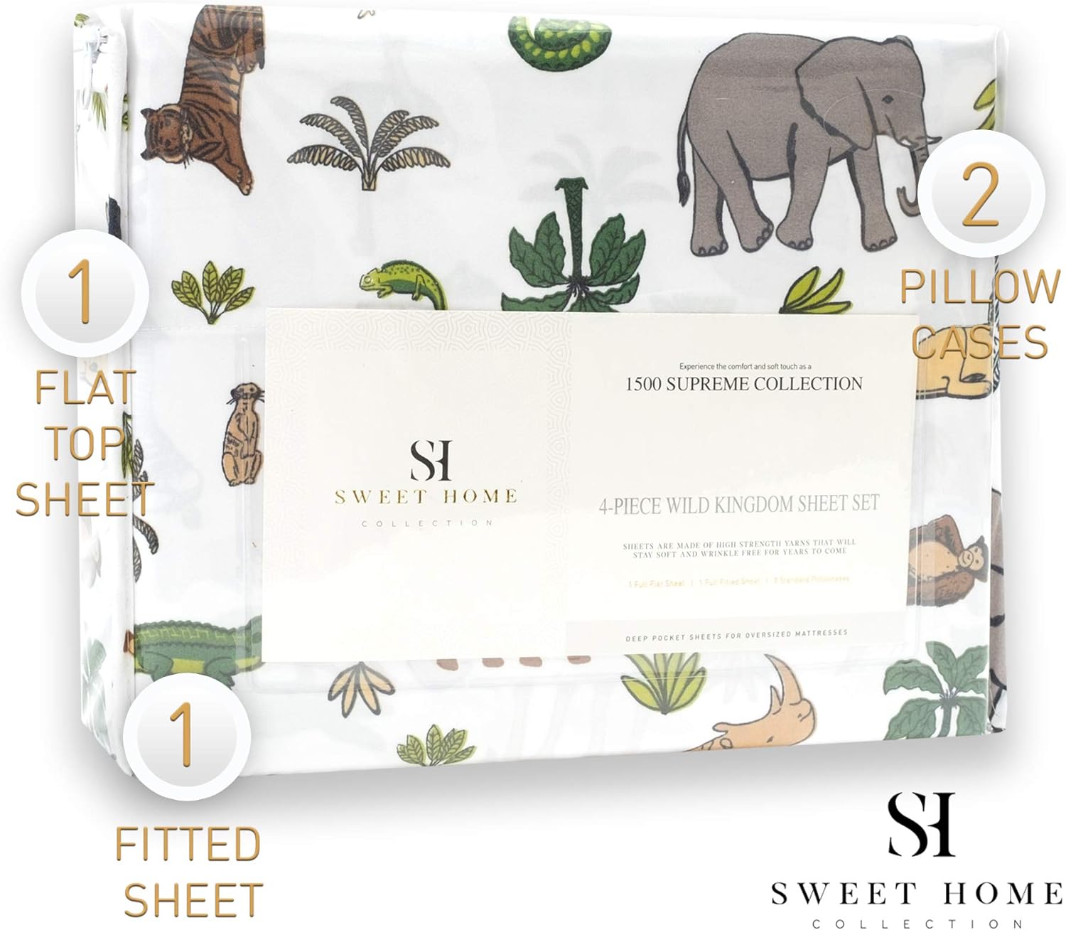 1500 Supreme Kids Bed Sheet Set - Full Size Wild Animal Design