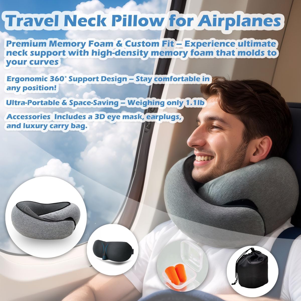 Travel Neck Pillow with 360 Support and Velcro Adjustment