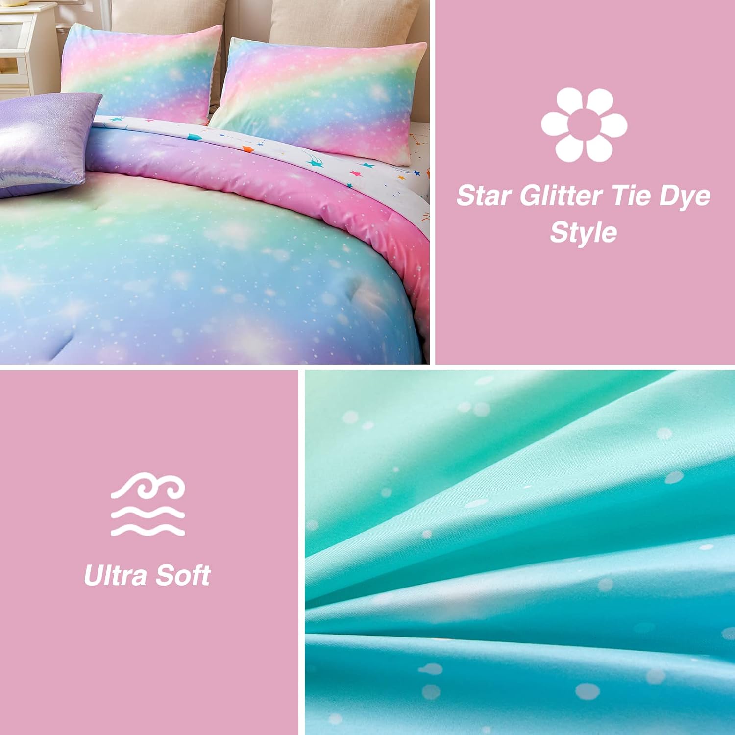 A Nice Night 6Pcs Gradient Glitter Comforter Set for Girls