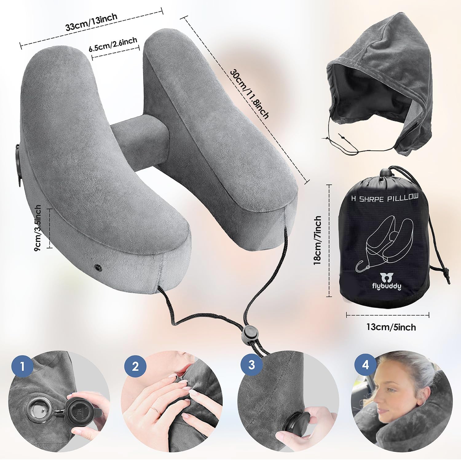 FlyBuddy Inflatable Neck Pillow for Traveling with Travel Bag and Hood - Grey