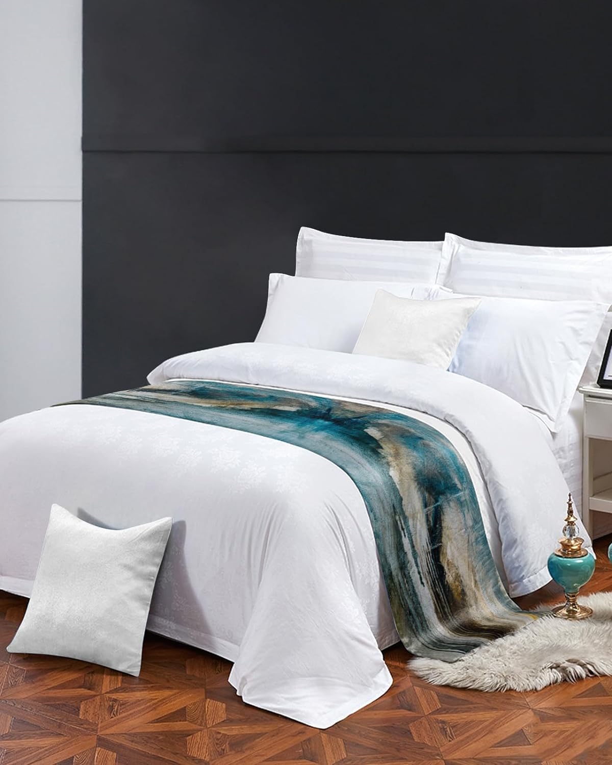 ZFUNCING Abstract Mottled Turquoise Green Gray Bed Runner Scarf