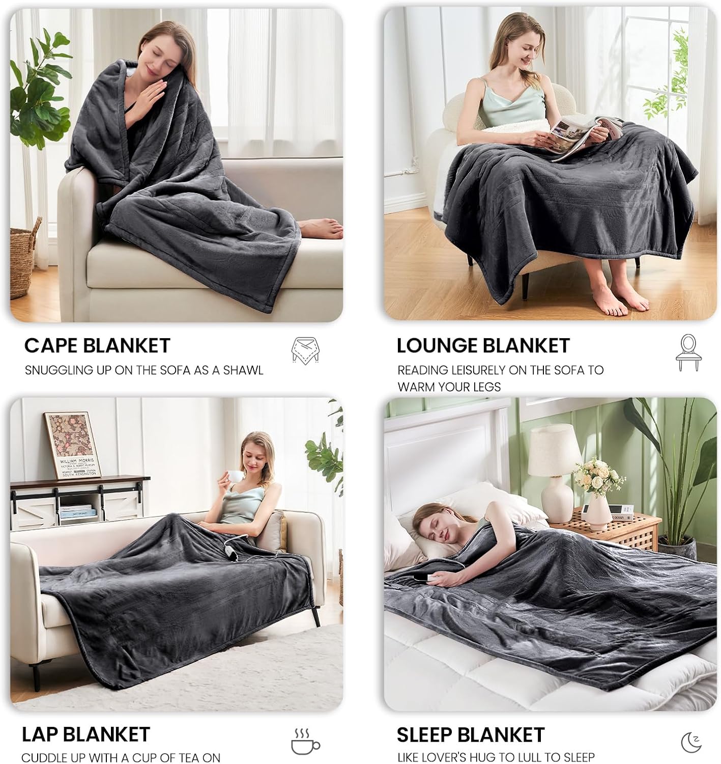 PTQ Electric Heated Blanket 50x60 Grey 6 Level 4H Auto Off