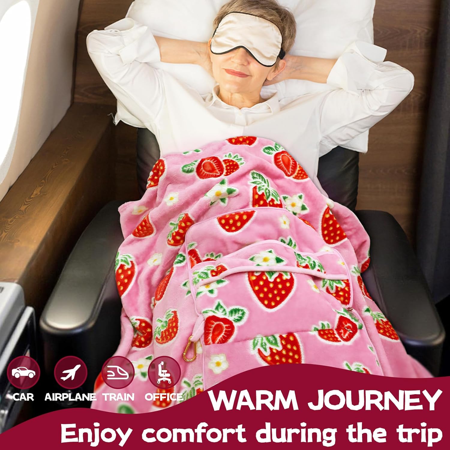 Glow in The Dark Strawberry Travel Blanket and Pillow Set
