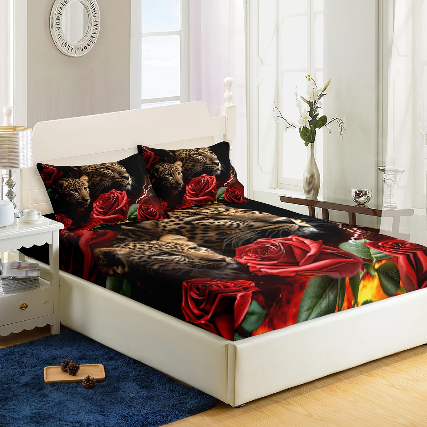 AILONEN Leopard Fitted Sheet Twin XL Set 3D Oil Red Rose Pattern 3PCS