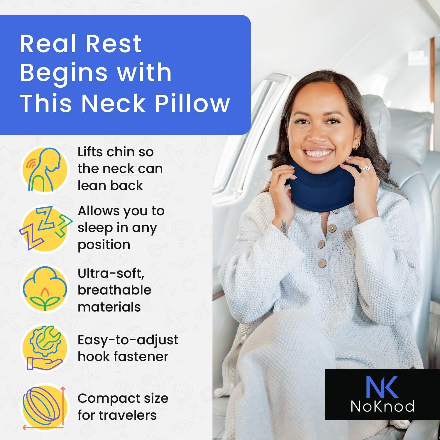 NoKnod Travel Neck Pillow - Adjustable Comfortable