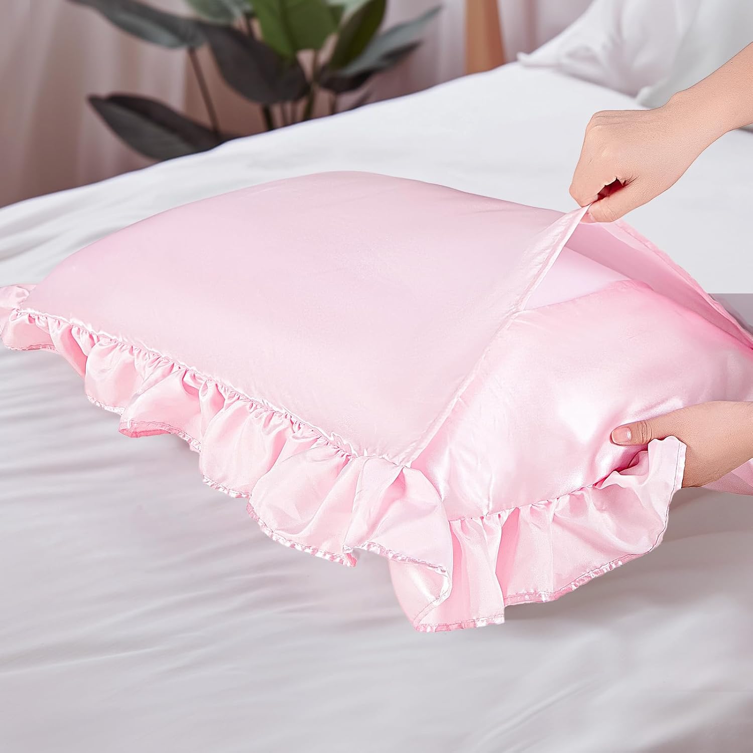 Ruffle Satin Pillowcase for Hair Skin Blush Pink 20x54 Inches