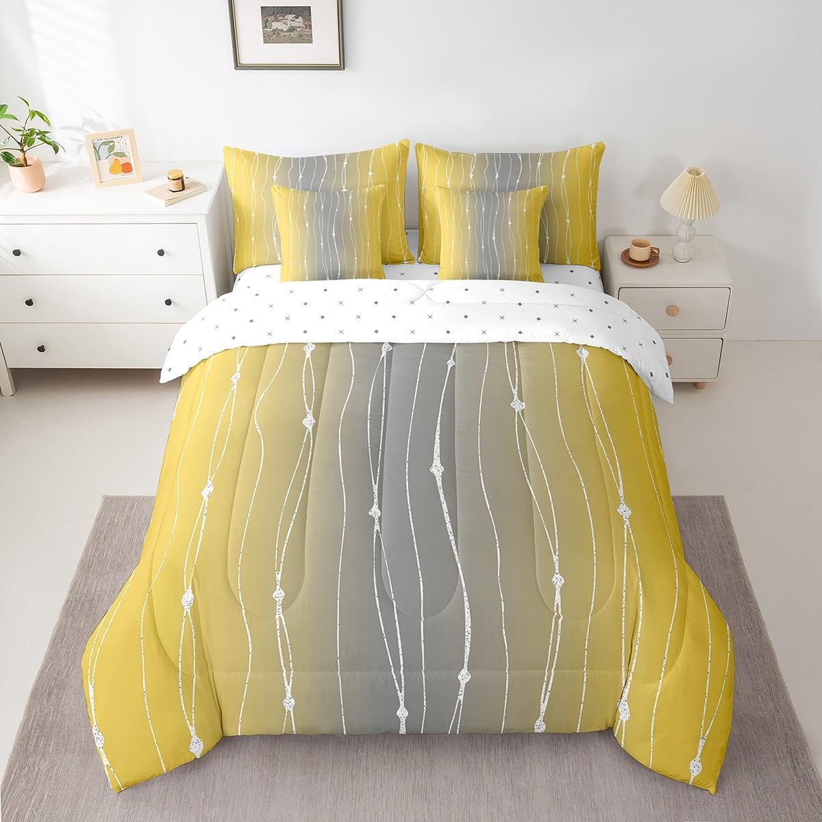 Yellow Grey Ombre Comforter Set 7pcs Full Size