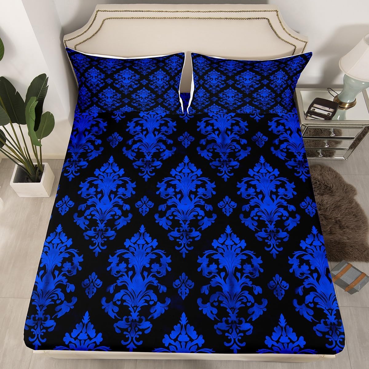 Erosebridal Blue Damask Gothic Bohemian Sheet Set