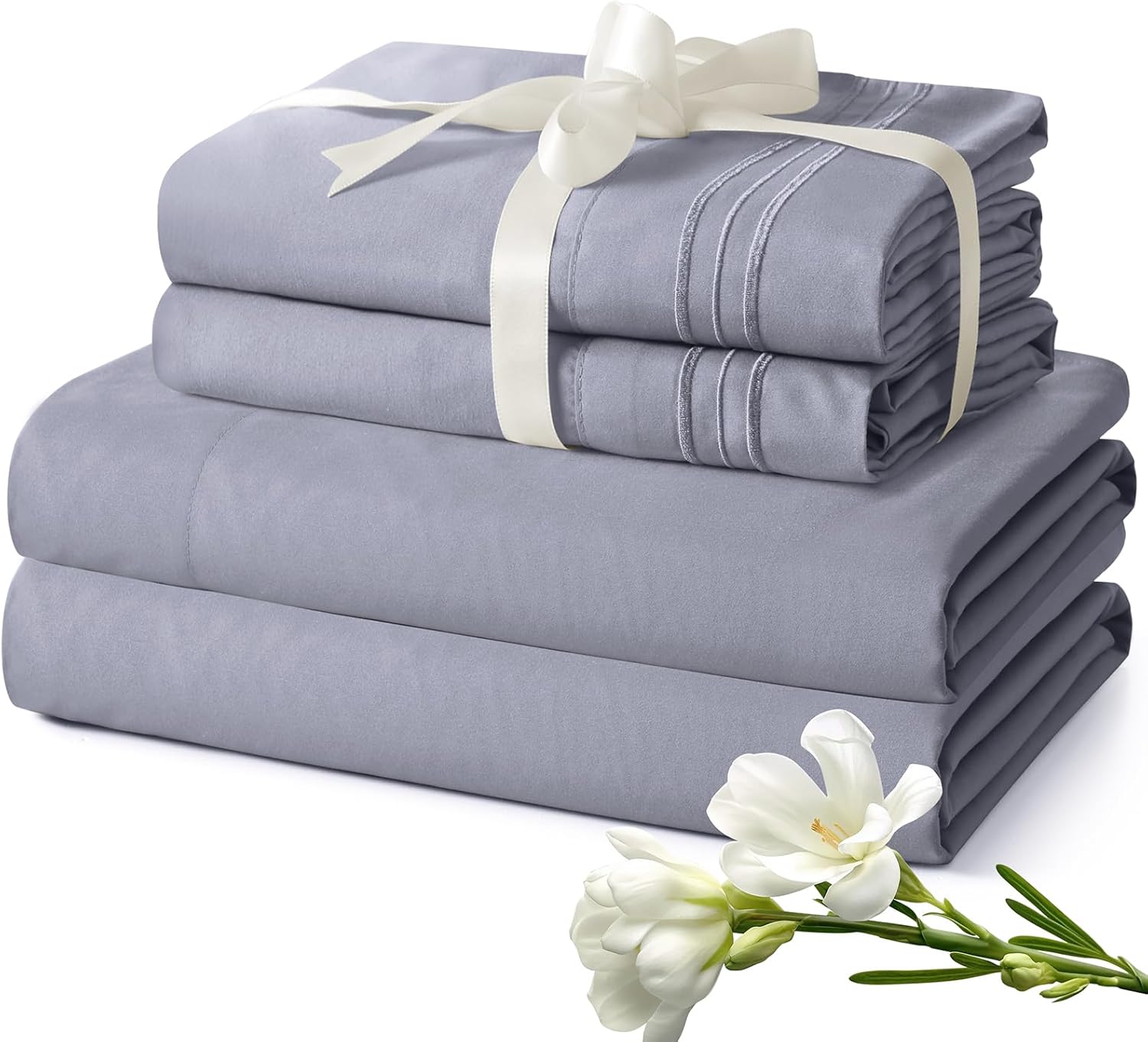 Aormenzy Extra Deep Cal King Sheets Set - 4 Piece Silver Grey