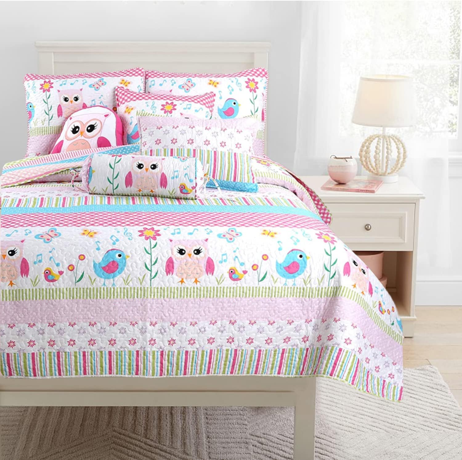 Happy Owl Pink Reversible Quilt Bedding Set Twin 2 Piece