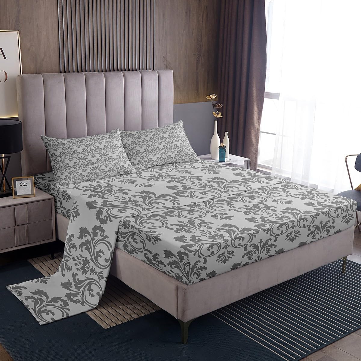 Erosebridal Damask Sheet Set Twin Size Light Grey