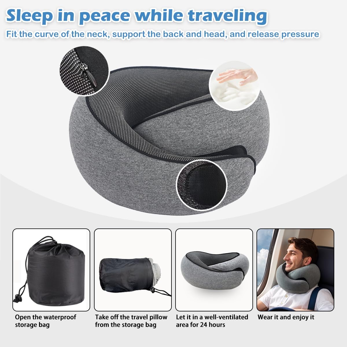 Travel Neck Pillow with 360 Support and Velcro Adjustment