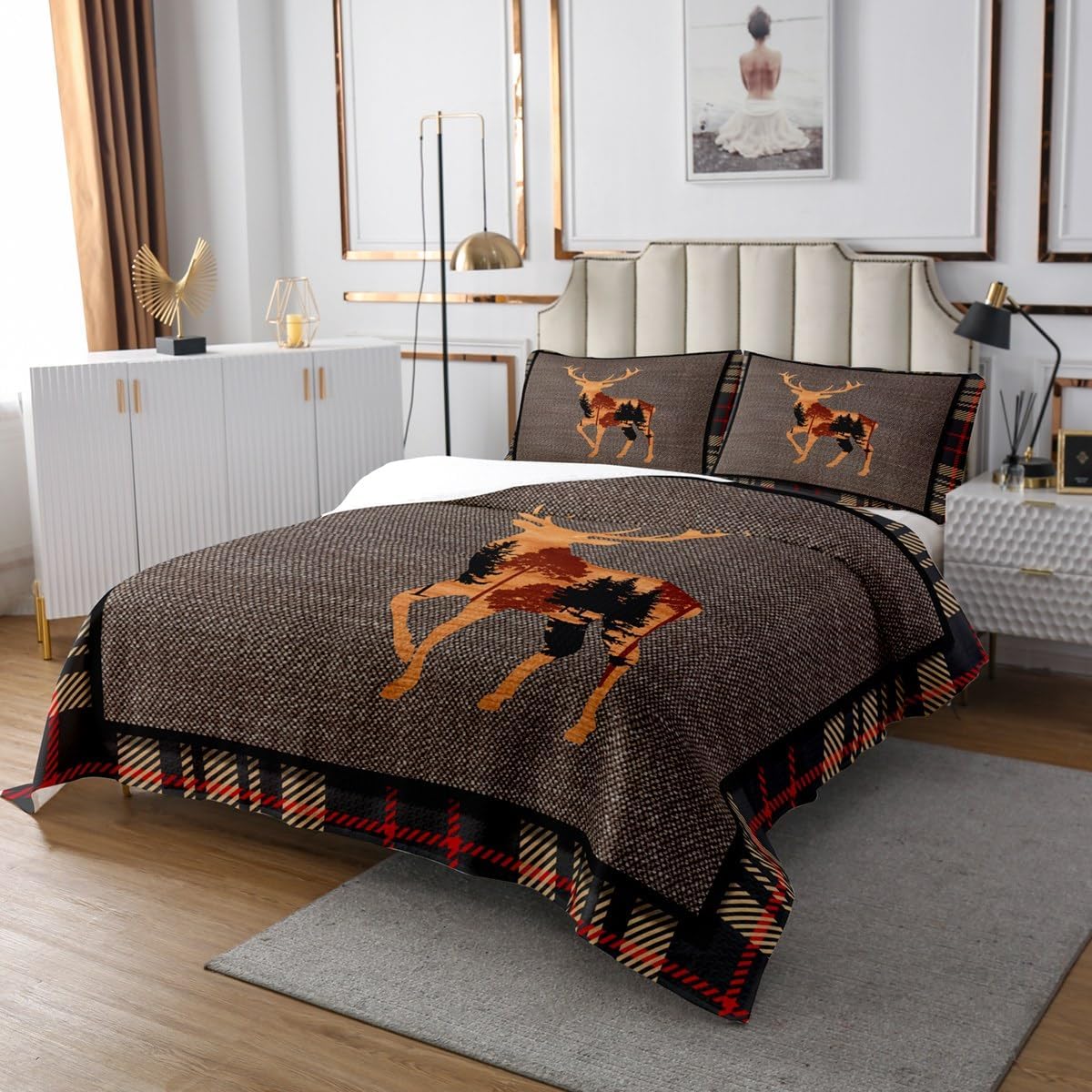 Erosebridal Elk Deer Quilt Set Twin - Nature Print Bedspread with Pillowcase
