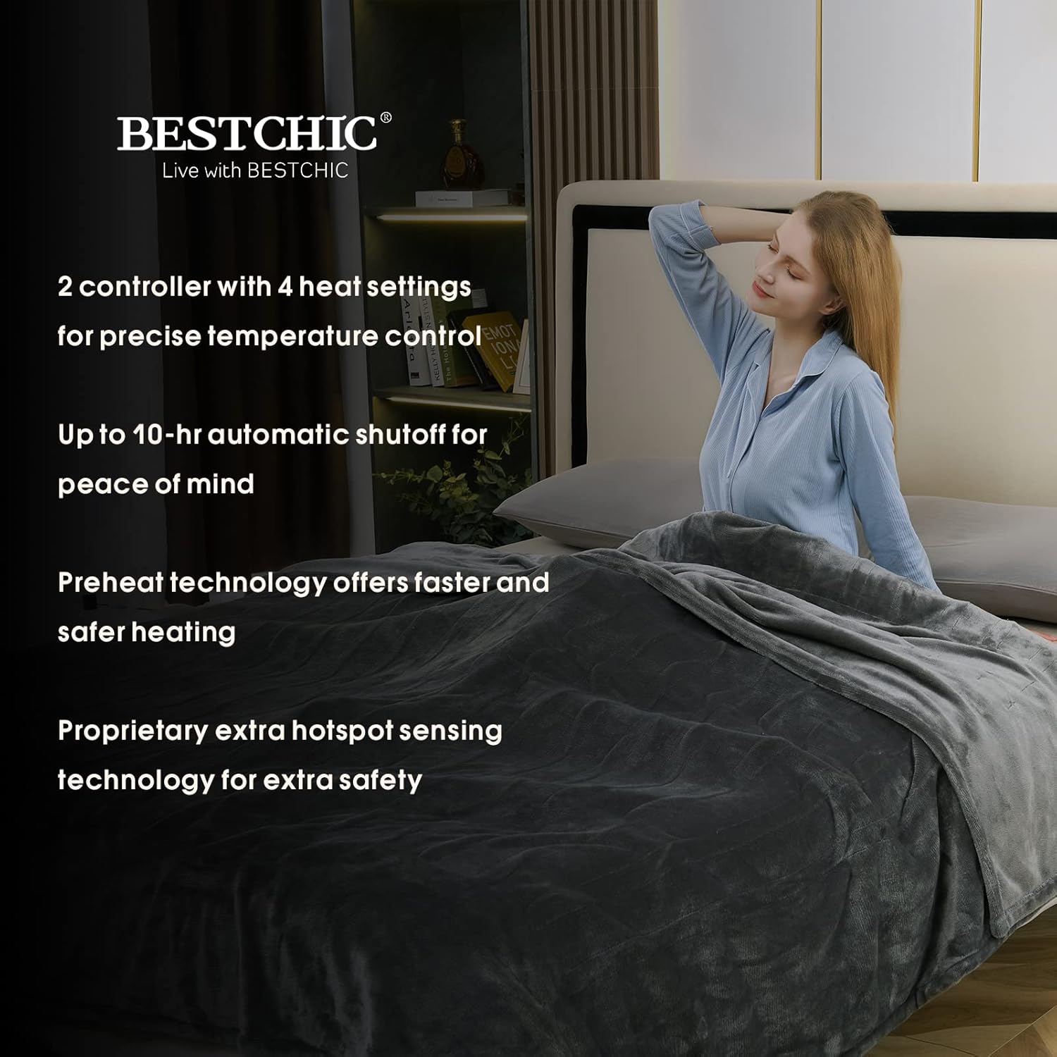 BESTCHIC Queen Electric Heated Blanket 84x90 4 Heat Levels Auto-Off Grey