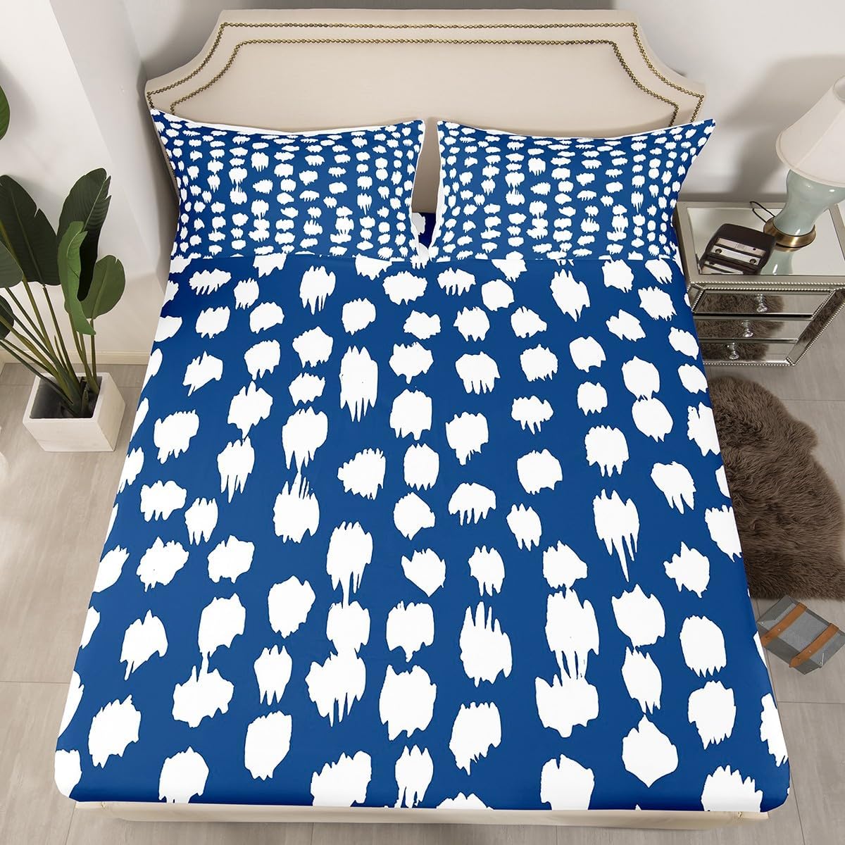Erosebridal Navy Blue White Polka Dots King Sheet Set