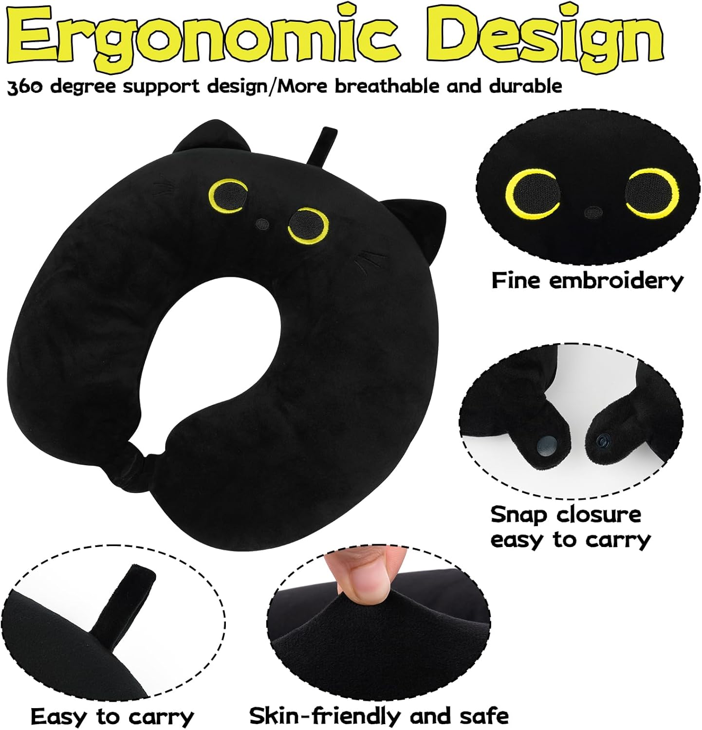 Kids Travel Pillow with Black Cat Design