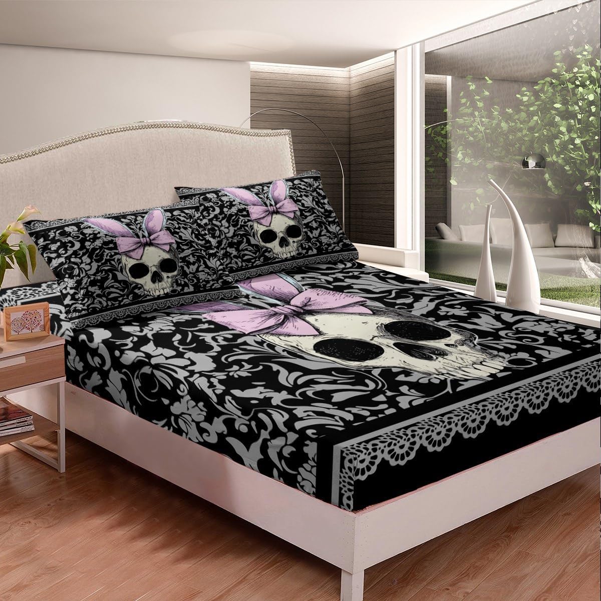 Homewish Black Grey Damask Bedding Set Twin Size 3Pcs