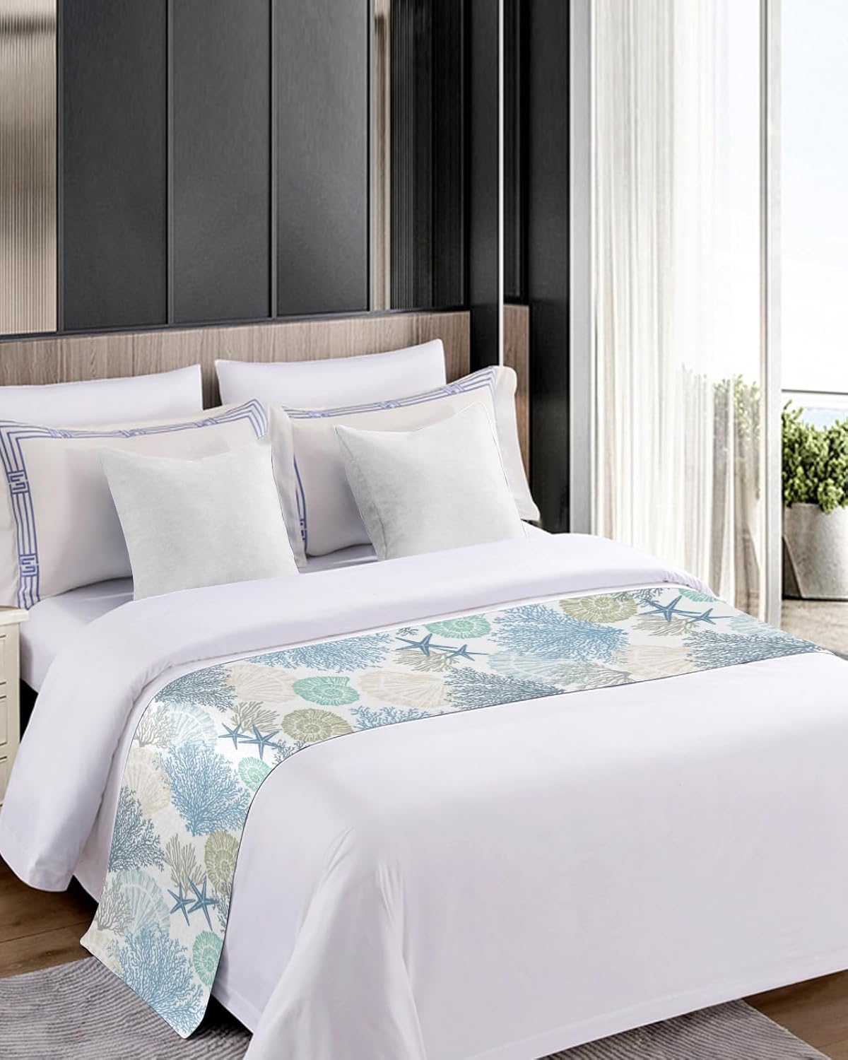 Blue Teal Coral Bed Runner Queen Size