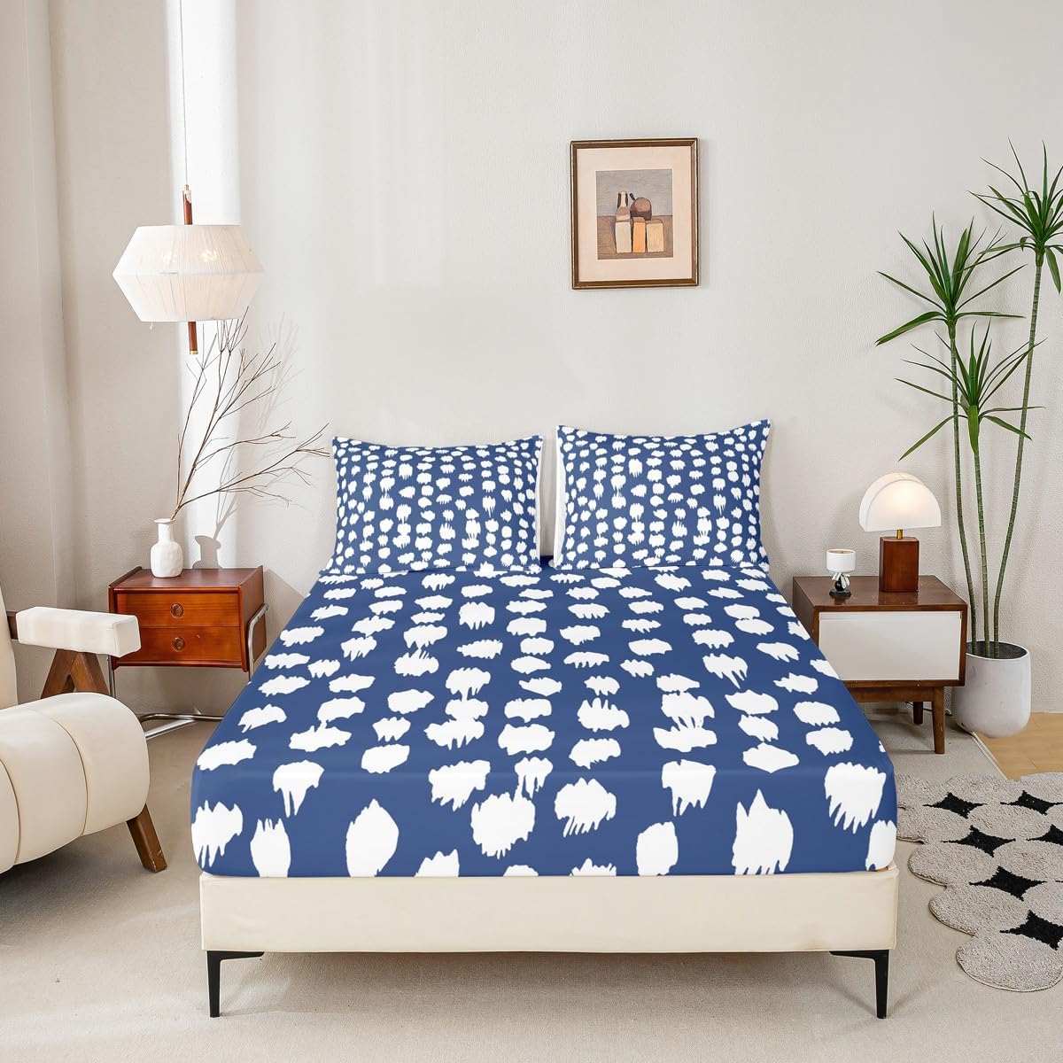 Erosebridal Navy Blue White Polka Dots King Sheet Set