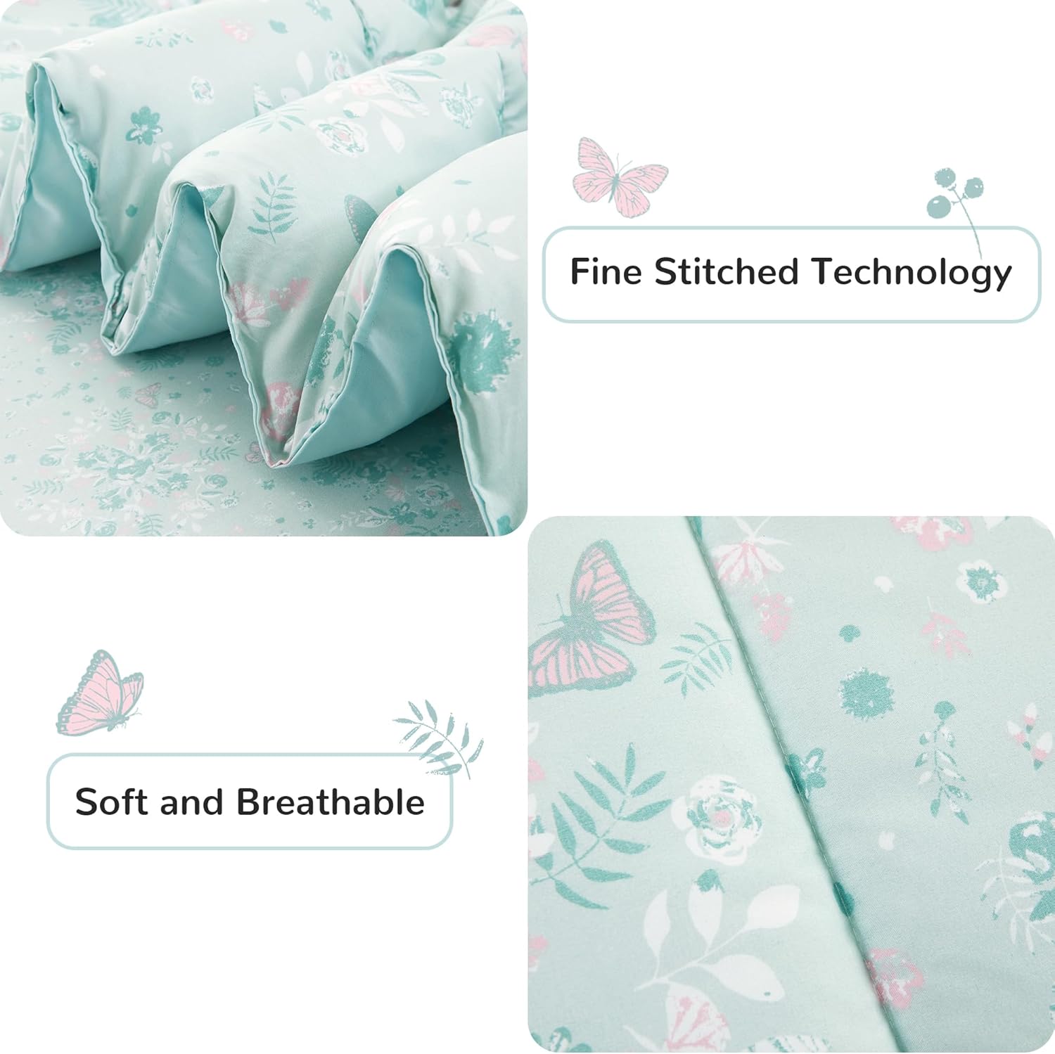 Viviland Twin Butterfly Comforter Set - Pale Green Kids Bedding 5 Piece Set