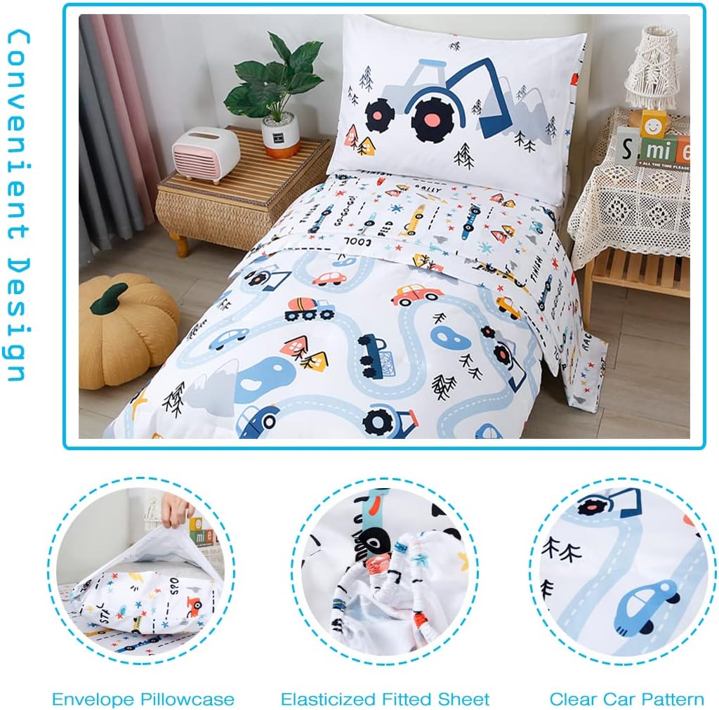PERFEMET Car Toddler Bedding 4 Piece Set for Boys and Girls