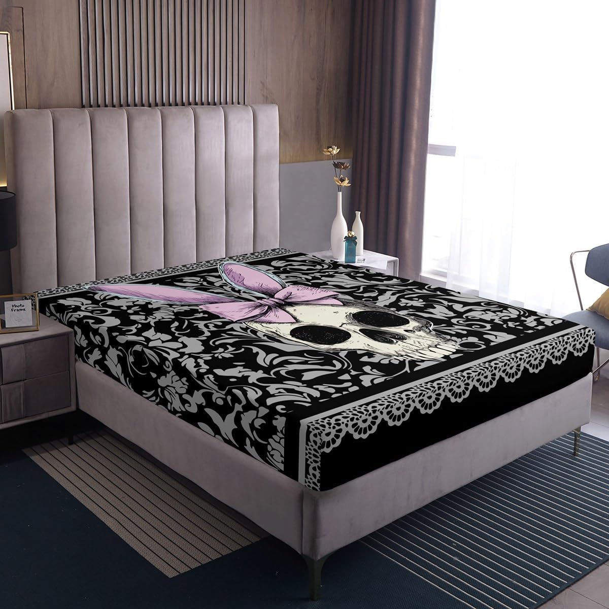 Homewish Black Grey Damask Bedding Set Twin Size 3Pcs