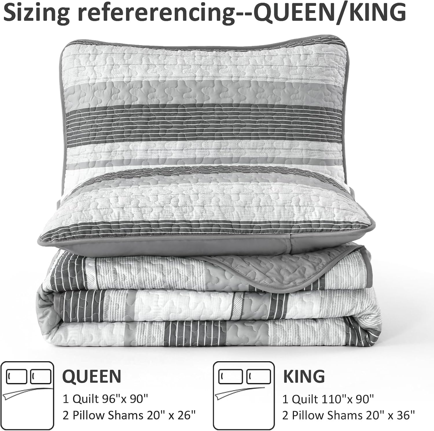 Djoymock Grey Striped Quilt Set 3 Piece Queen Size