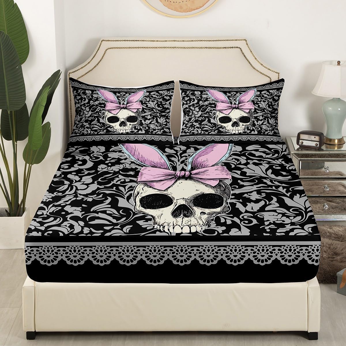 Homewish Black Grey Damask Bedding Set Twin Size 3Pcs