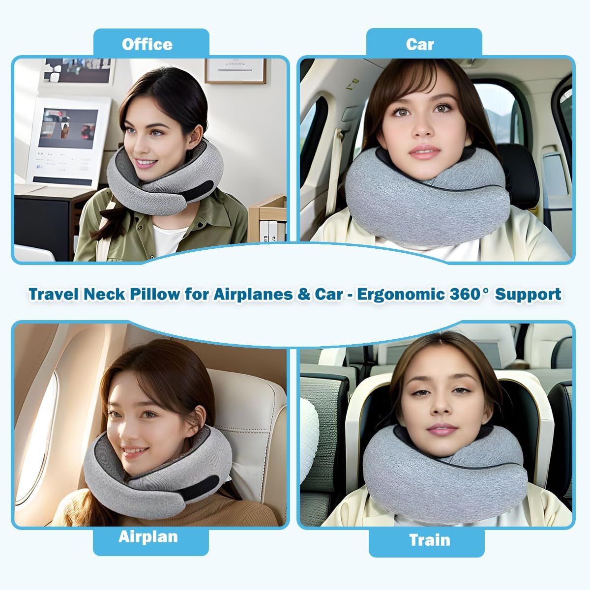 Travel Neck Pillow with 360 Support and Velcro Adjustment