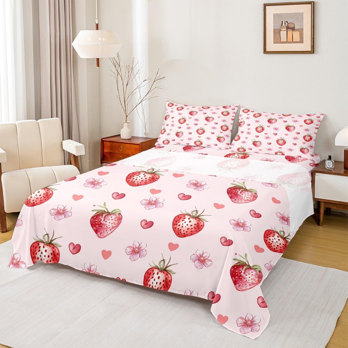 Jejeloiu Strawberry Bed Sheet Set King Size Kawaii