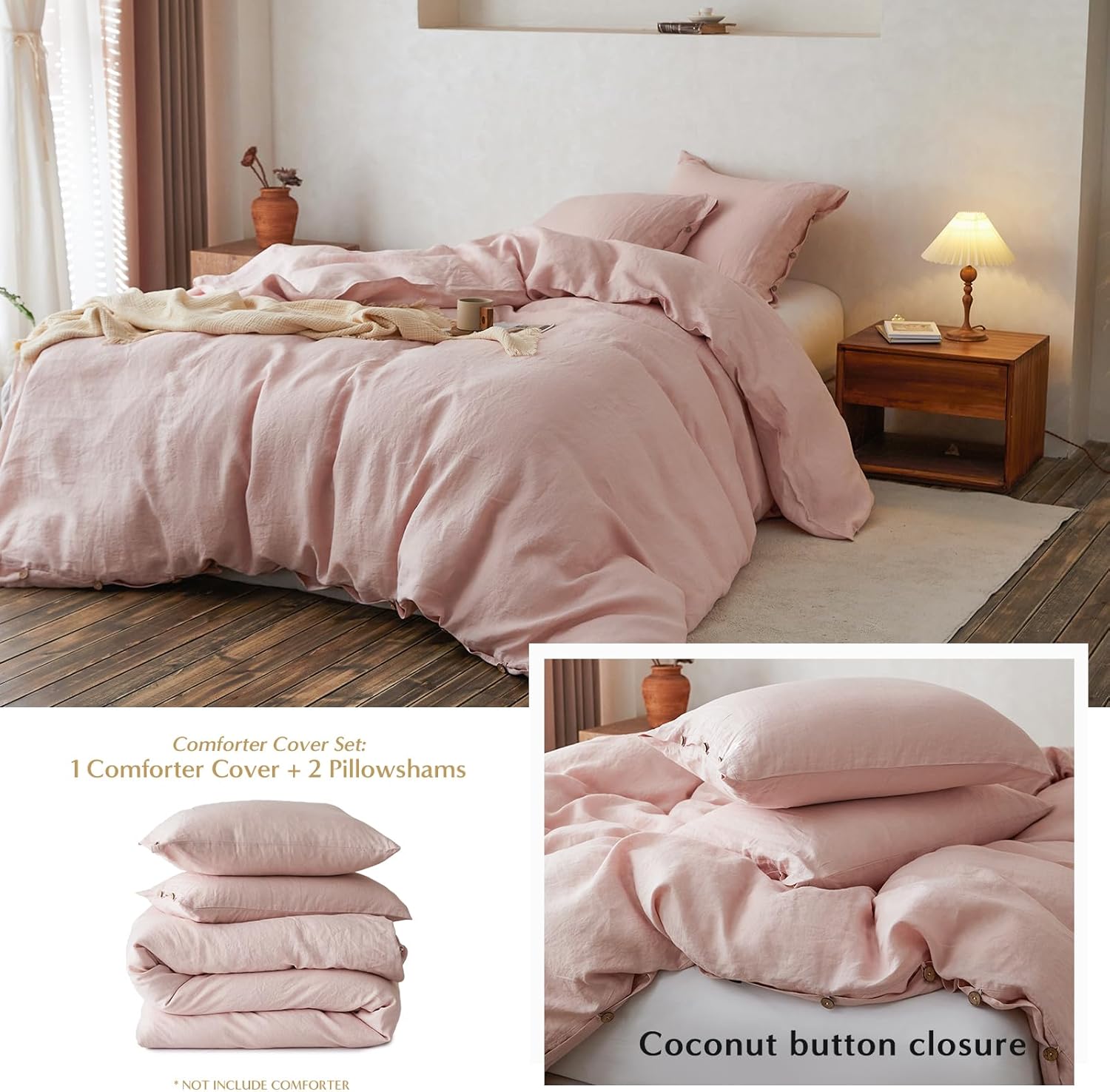 SimpleOpulence Linen Duvet Set 3 Pieces Full Dusty Pink