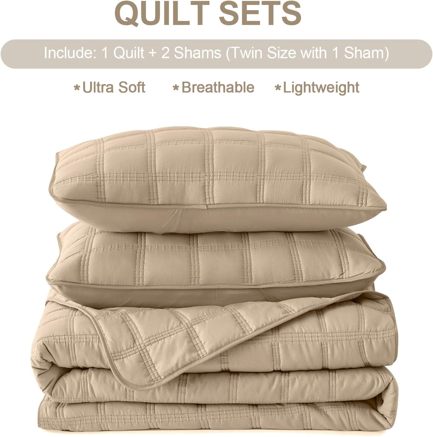 HiSnug Beige Quilt Set Queen Size 3 Pieces