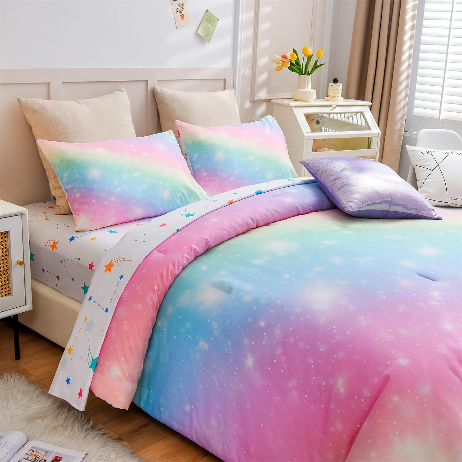 A Nice Night 6Pcs Gradient Glitter Comforter Set for Girls