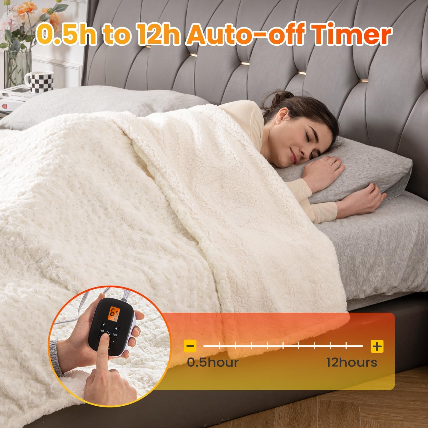 WOOMER 77x84 Electric Heated Blanket with Rose Faux Fur and 4 Heat Levels