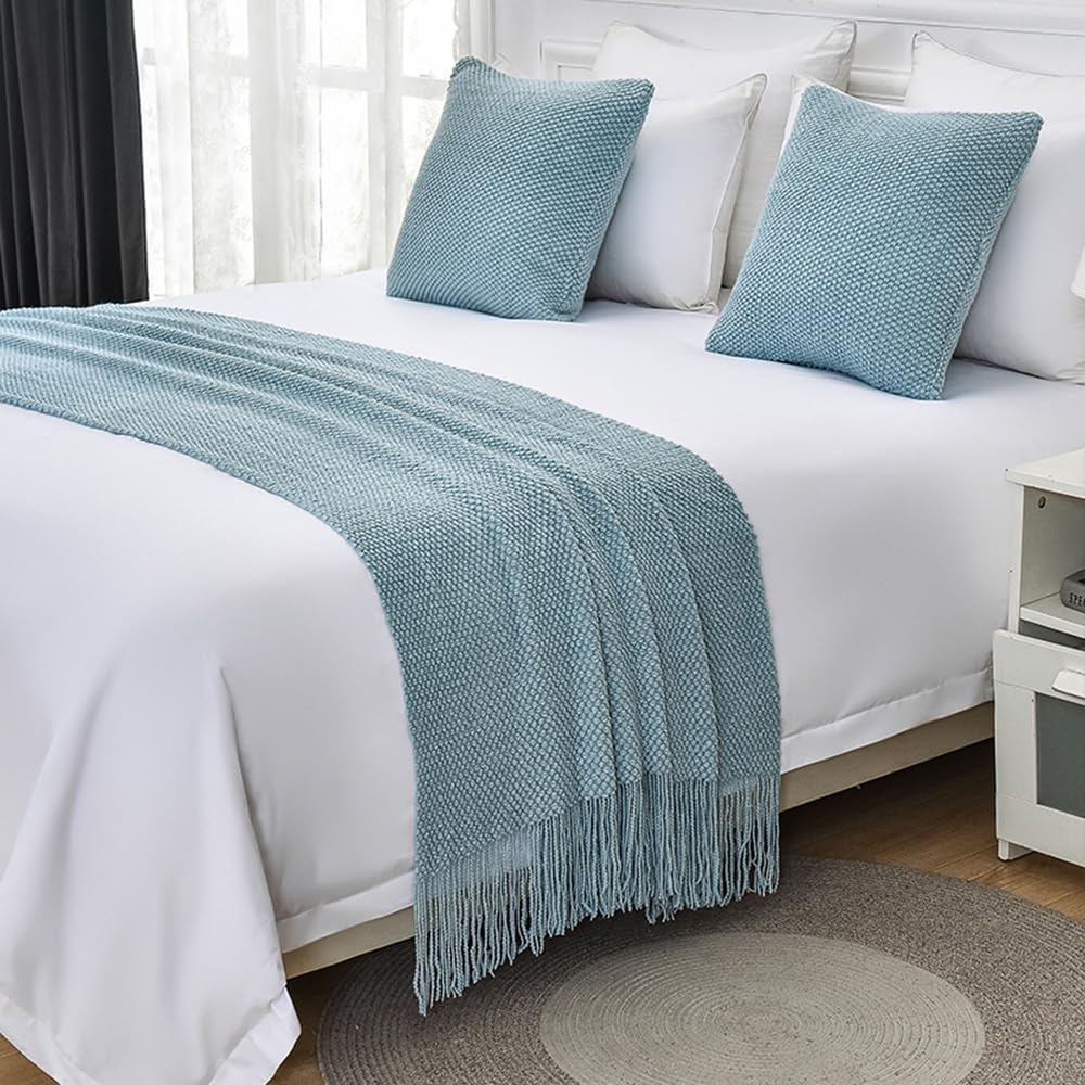 Acrylic Wool Bed Runner King Size Blue 65X230cm with Tassels