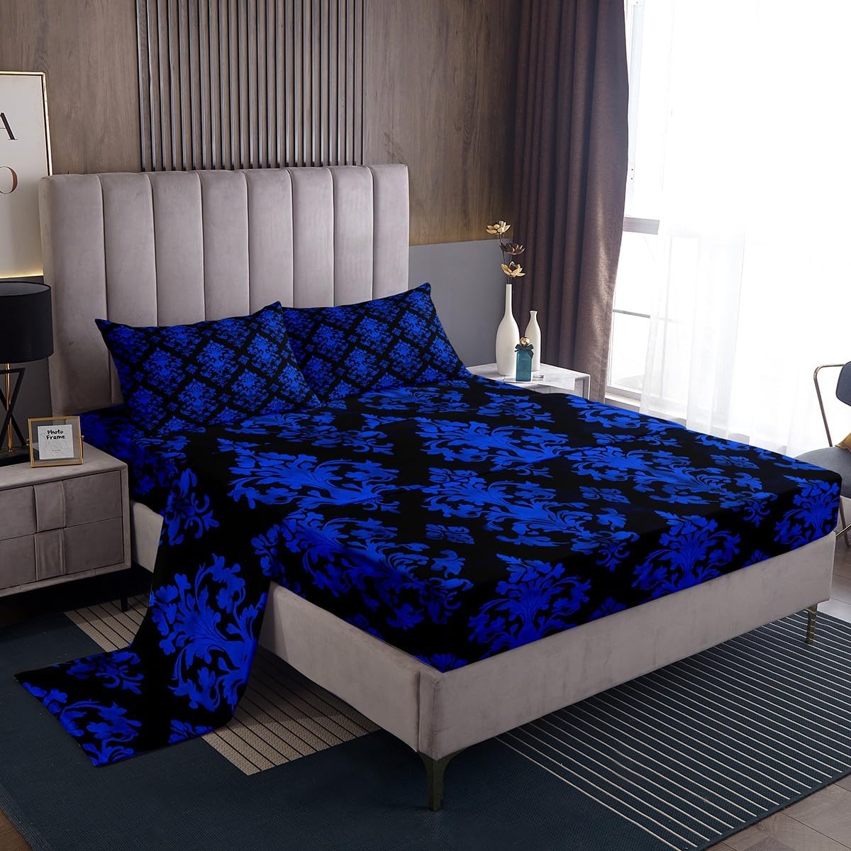 Erosebridal Blue Damask Gothic Bohemian Sheet Set