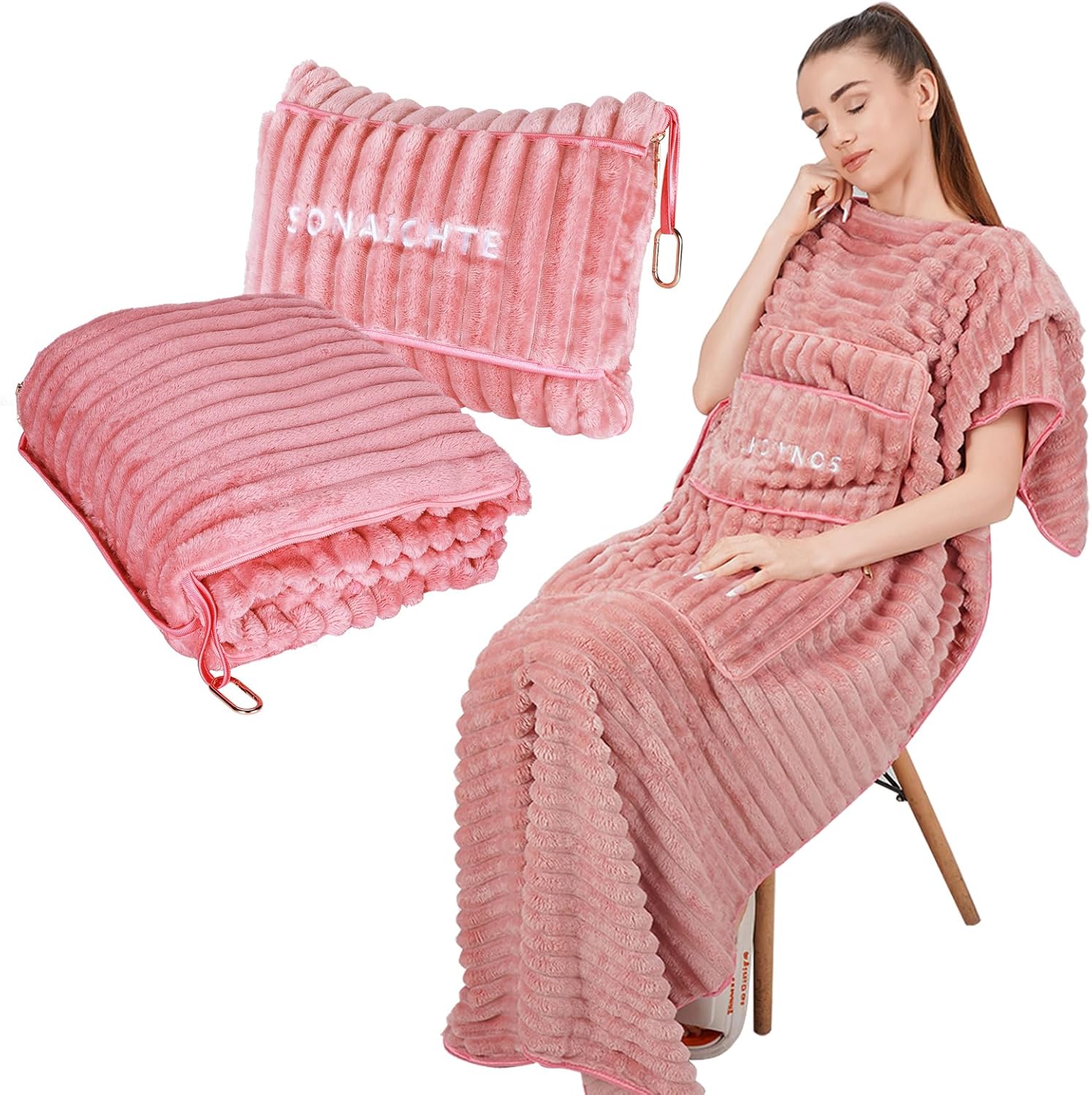 SONAICHTE Travel Pillow and Blanket Set Light Pink 1