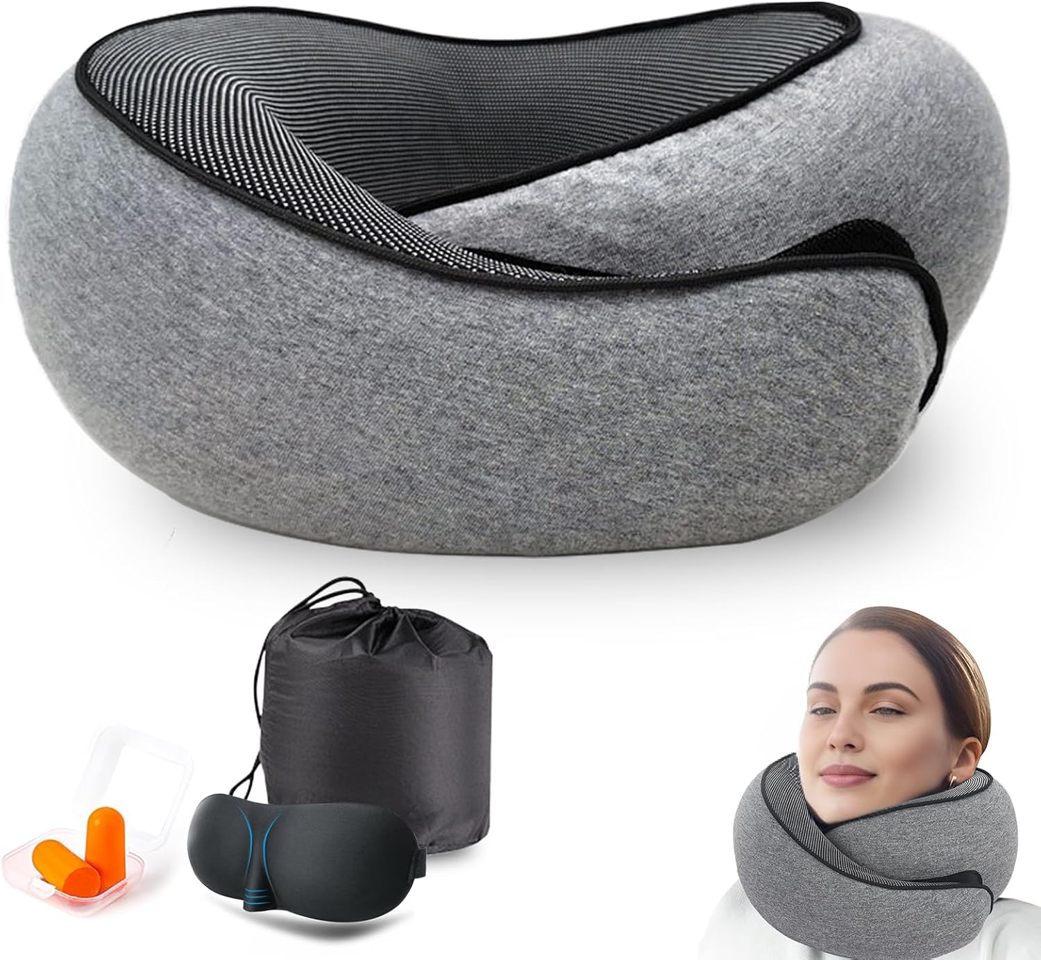 Travel Neck Pillow with 360 Support and Velcro Adjustment