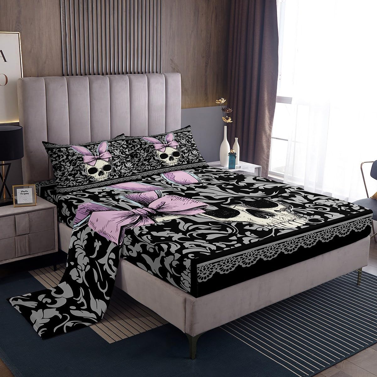 Homewish Black Grey Damask Bedding Set Twin Size 3Pcs