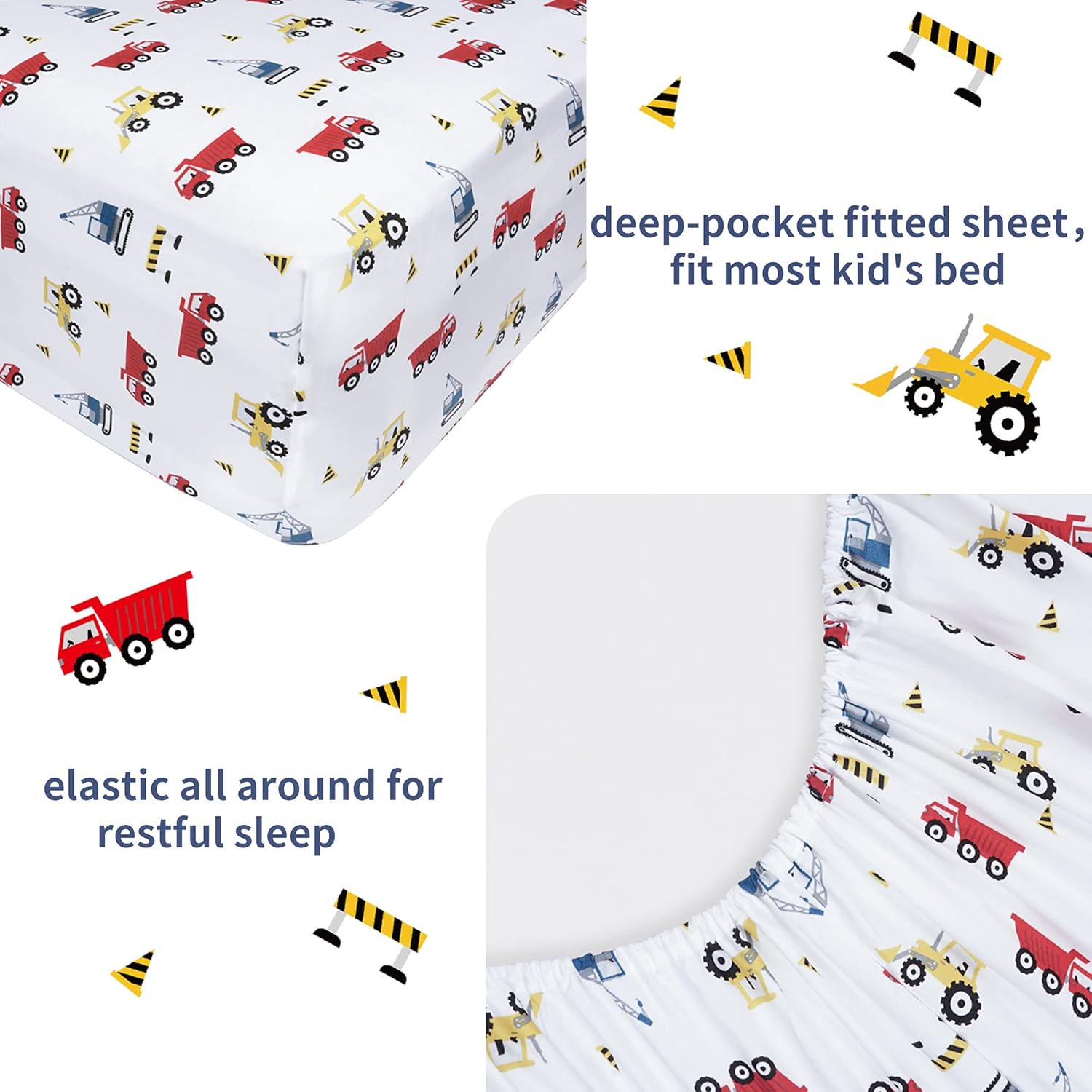 Viviland 4-Piece Boys Truck Bed Sheet Set - White Microfiber