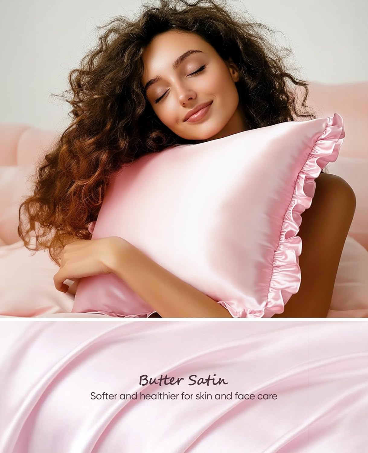 Ruffle Satin Pillowcase for Hair Skin Blush Pink 20x54 Inches