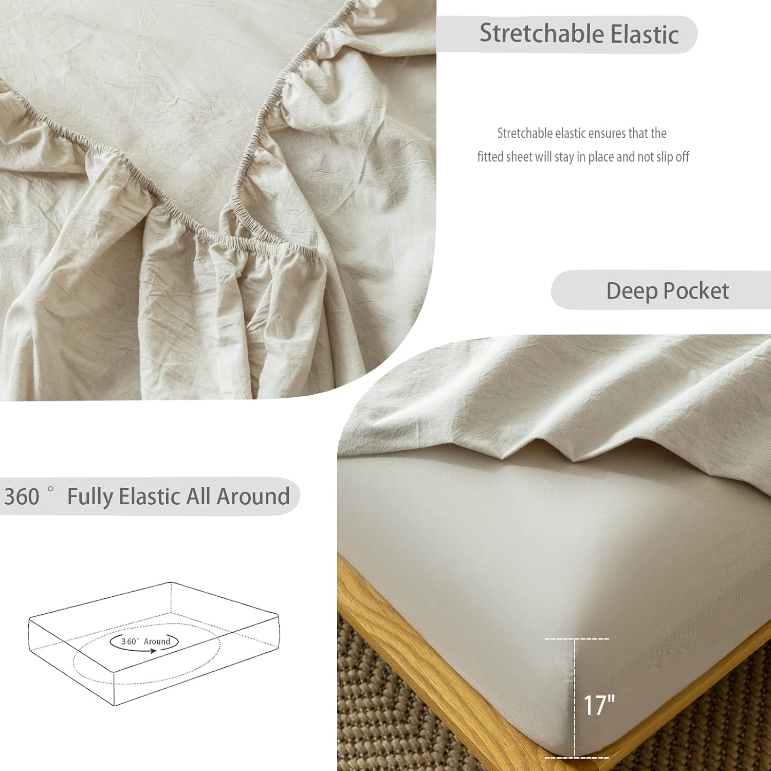 MooMee Cream Grey Fitted Sheet Queen 100 Washed Cotton