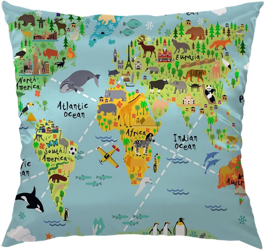 World Map Sateen Pillow Cover 18x18 Cartoon Animal Design