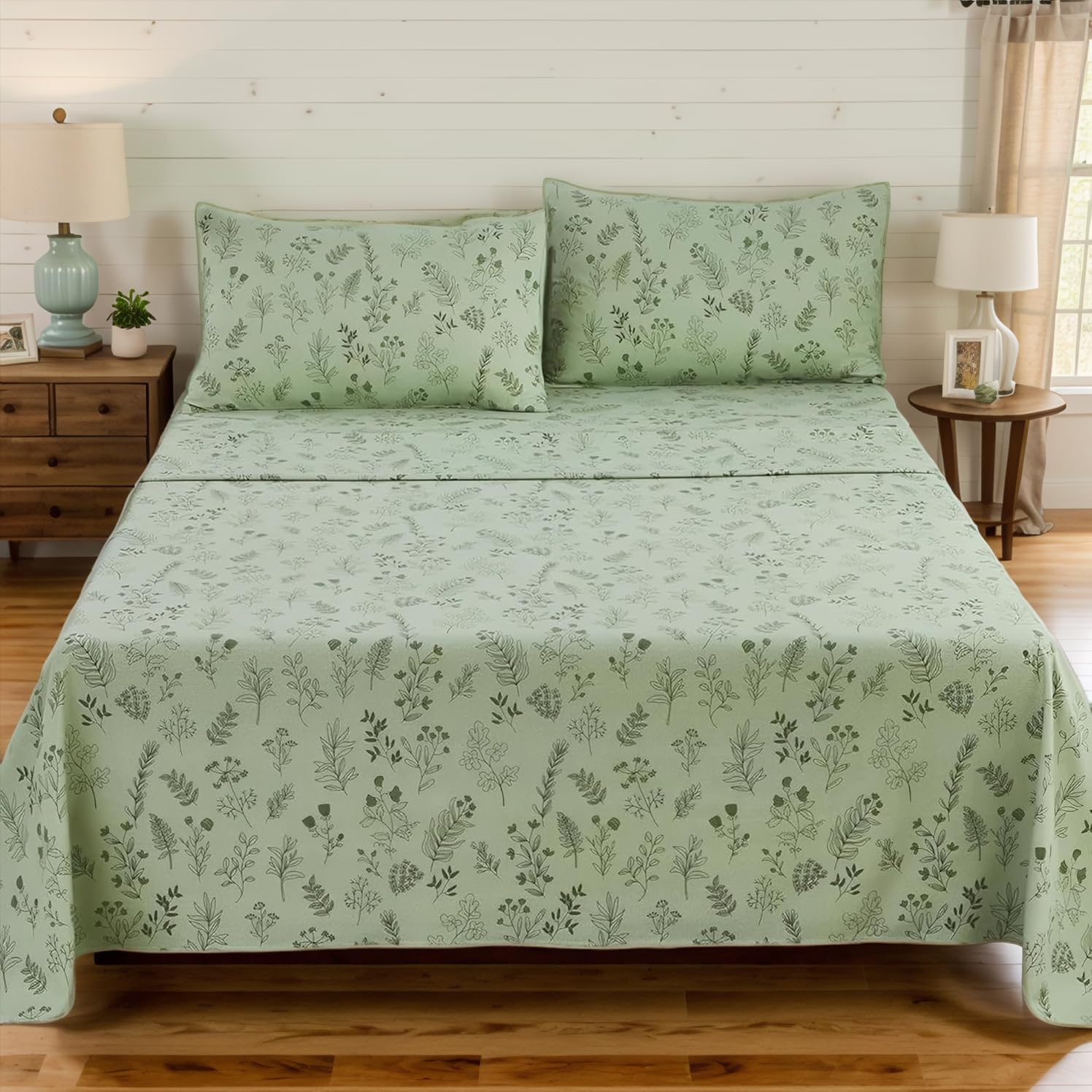 Usfivefam Green Floral Cal King Sheet Set 4PCS