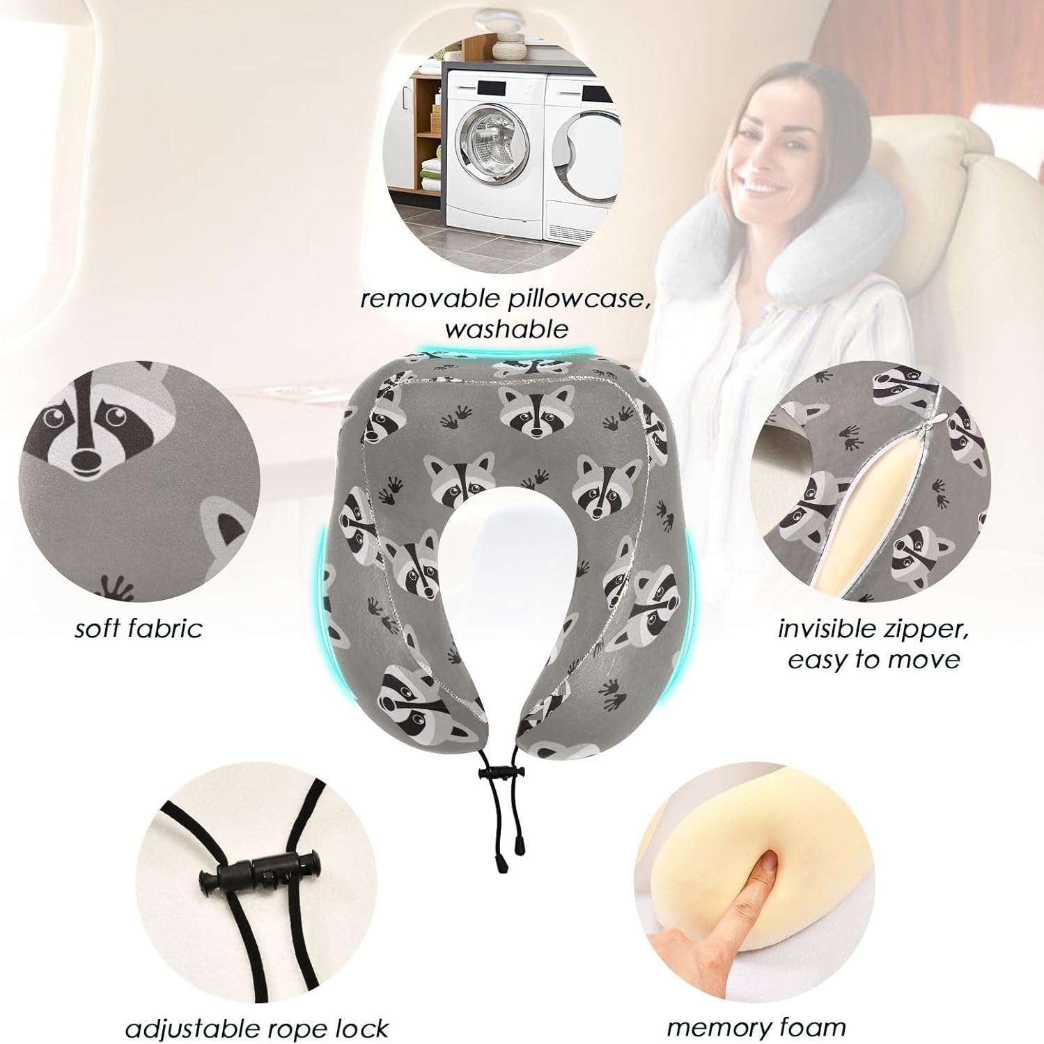 KOPIRIT Raccoon Travel Pillow for Neck Support and Comfort