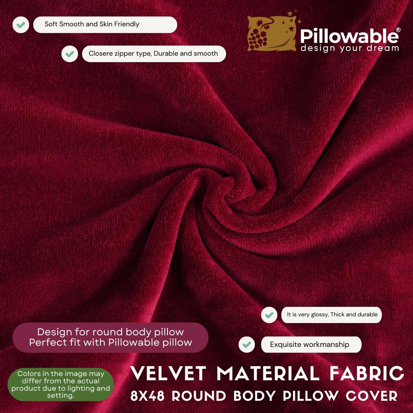 Soft Velvet 48x8 Round Body Pillow Cover - Full Zipper - Red