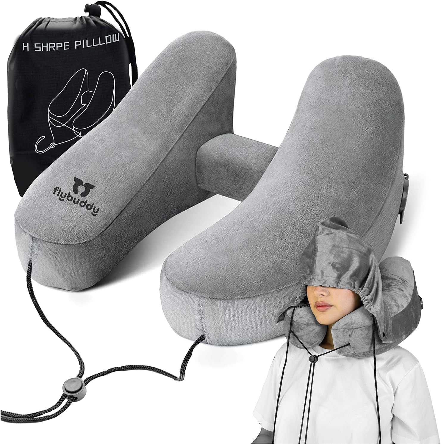 FlyBuddy Inflatable Neck Pillow for Traveling with Travel Bag and Hood - Grey