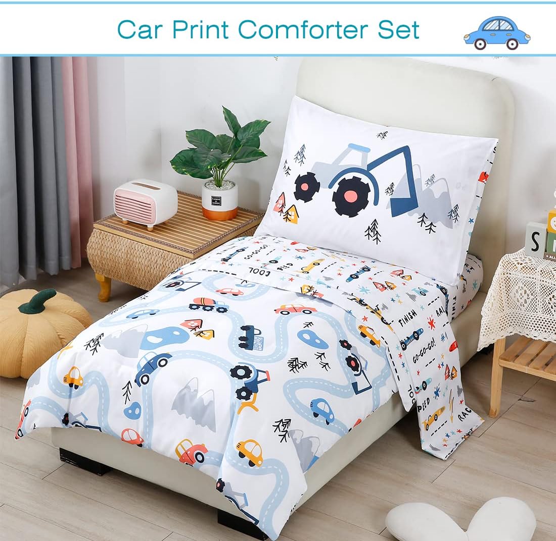 PERFEMET Car Toddler Bedding 4 Piece Set for Boys and Girls