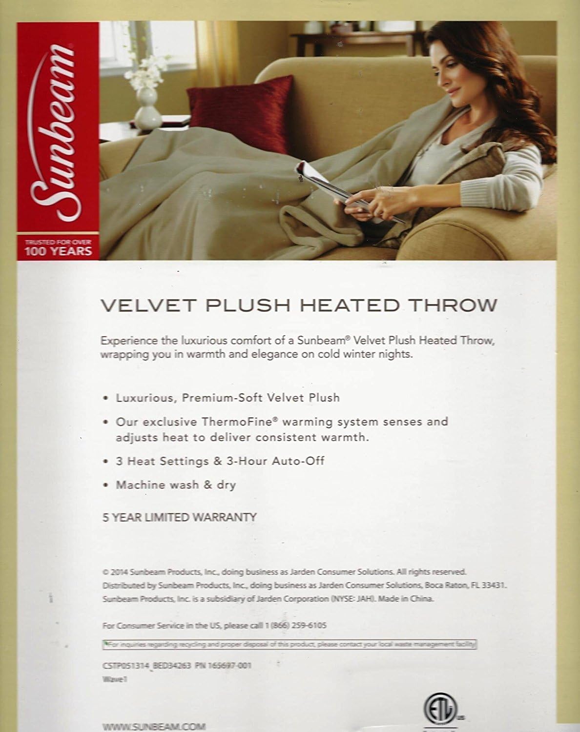 Sunbeam Plush Electric Heated Throw with 3 Heat Settings