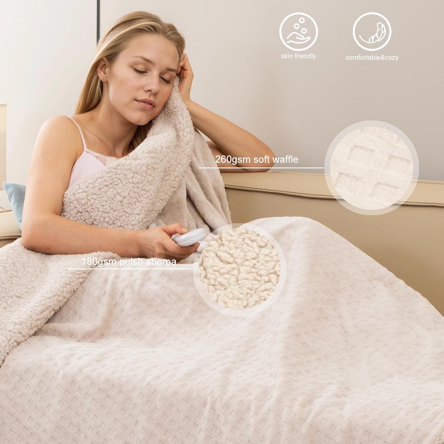 Dowin Queen Electric Blanket - Waffle Sherpa Heated with Dual Control